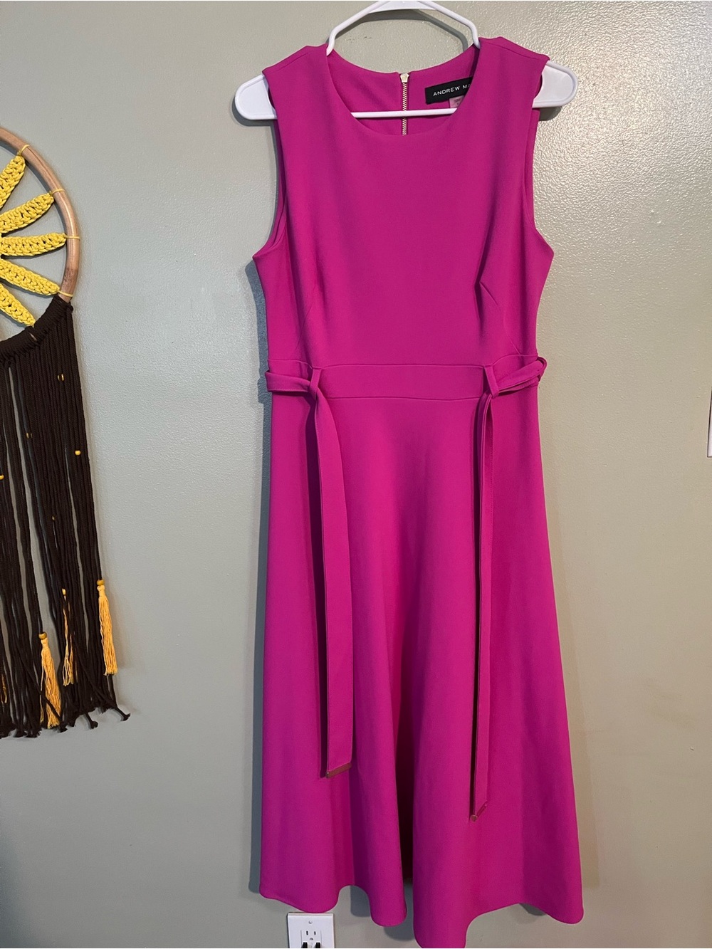 Andrew Marc Magenta Sleeveless Fit-and-Flare Dress Belted Office Formal Preppy 8